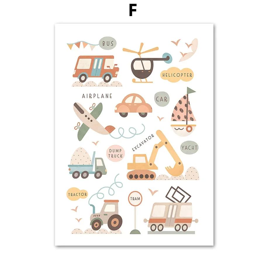 Alphabet Cartoon Educate Nursery Poster Car Animals Nordic Green Wall Art Print Canvas Painting Picture Kids Baby Room Decor
