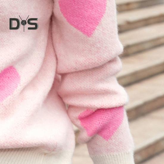 Women Knitting Sweater Round Neck Long Sleeve Heart-Shaped Tops Loose Fit Elastic Knitwear Valentine Day Tops