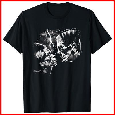 Retro Frankenstein Monster And Bride Halloween Romantic Kiss Black T-Shirt S-5XL