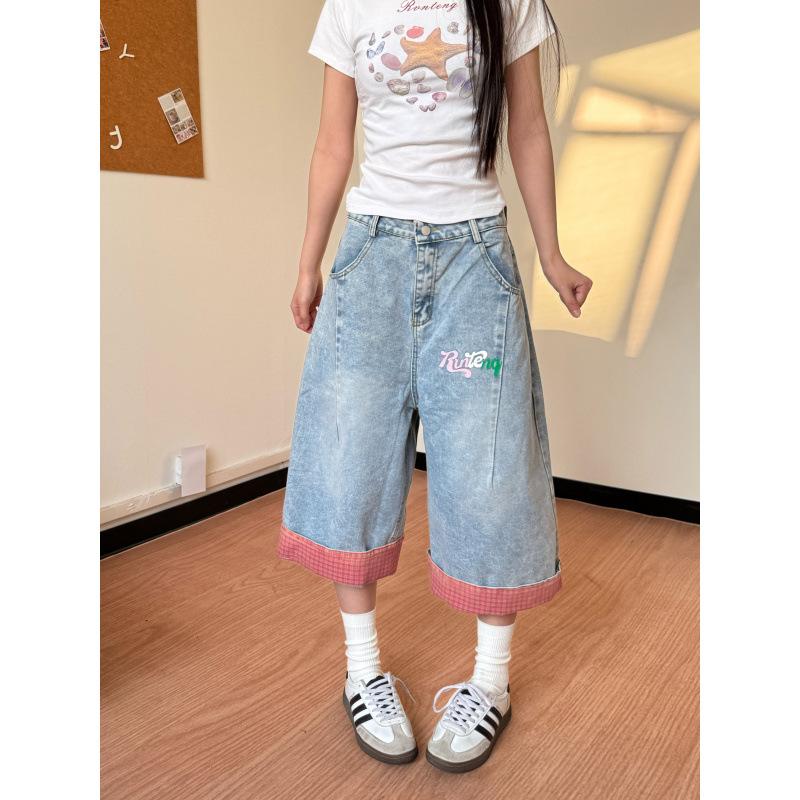 

JYL Women s Cropped Jeans Plus-Size Plaid Patch Rolled Hem Slim Straight Denim Pants 3XL янтарь