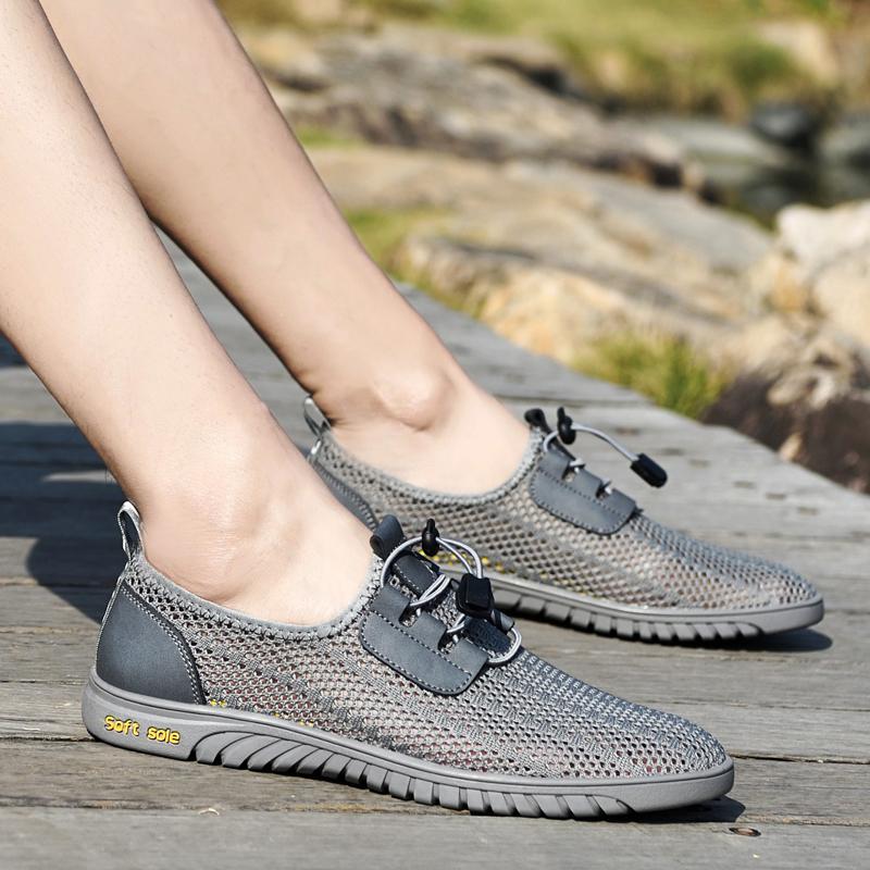 Fashion Summer Handcrafted Men Casual Mesh Shoes Hollow Out Leather Sneaker Jogging Shoes Outdoor Breathable Male Walking Driving Shoes