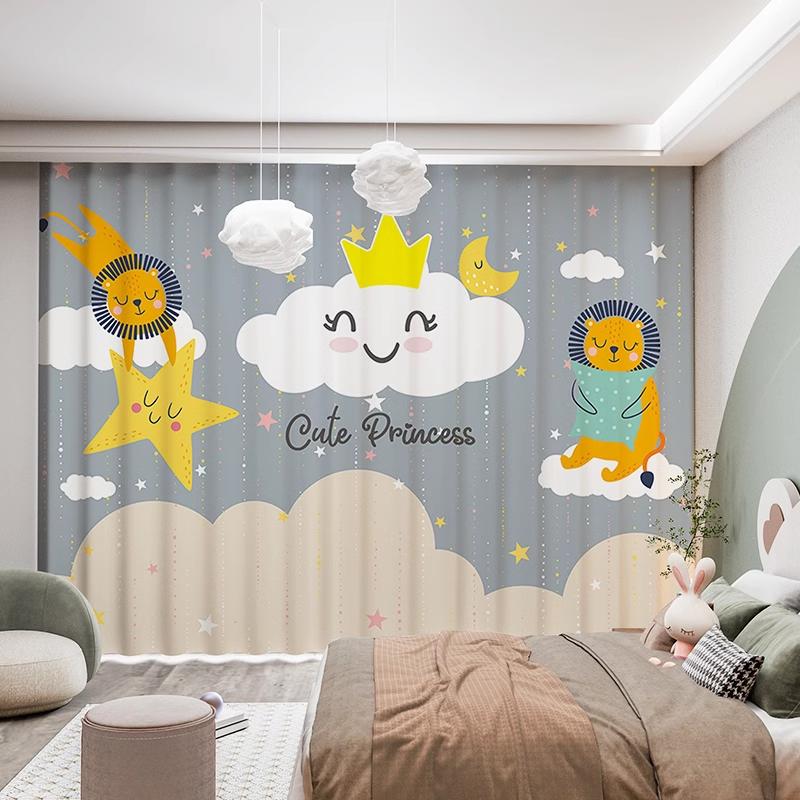 2Pcs Modern Simple Cartoon Cute Animals Bear Rabbit Star Ocean Star Boy Children's Room Decor Semi Blackout Curtain Grommet Top