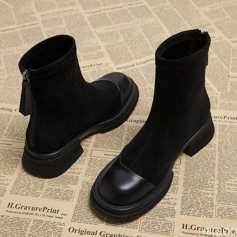 Retro Style Women'S Back Zipper Simple Comfortable Cotton Boots Brown Thick Sole Daily Casual Versatile Women'S Short Boots