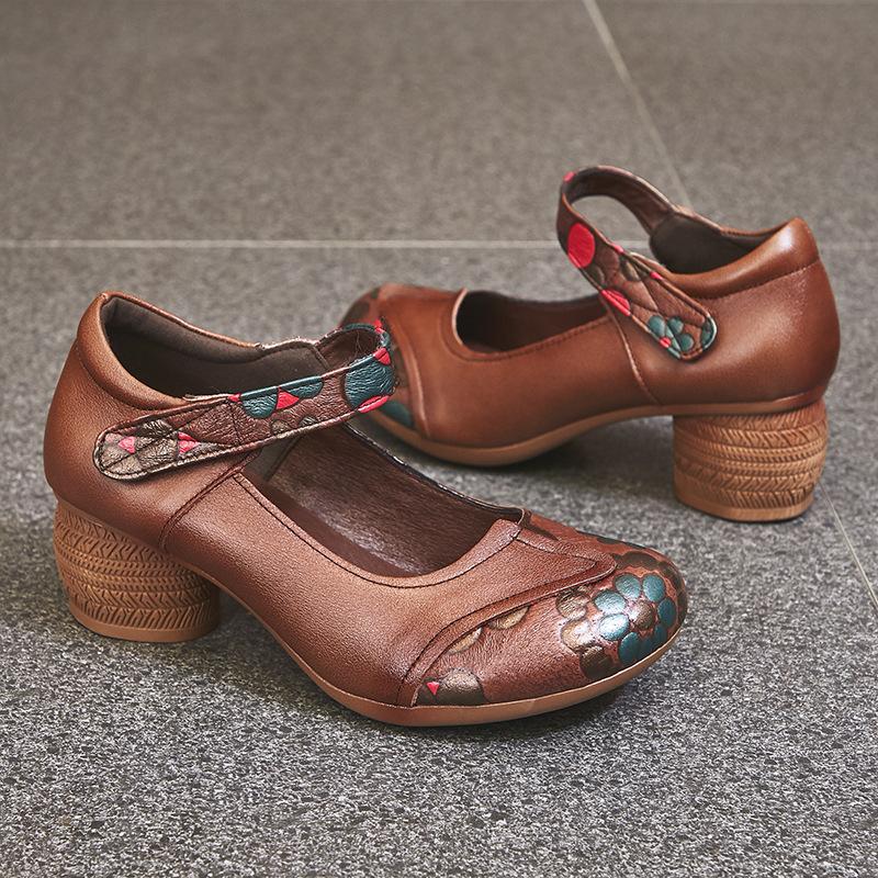 Retro New Autumn Women's Shoes Thick Heel Soft Sole Non-slip Single Shoes Female Mother Cowhide Leather Shoes