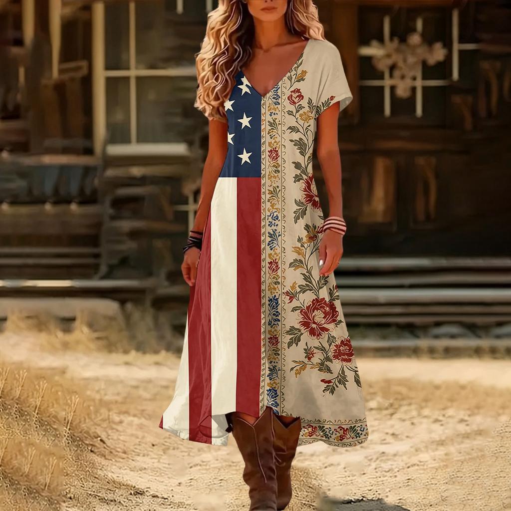 Damen Maxikleid mit V-Ausschnitt und kurzen Ärmeln mit 1776 Amerika-Print, Farbverlauf-Saum und Blumengrafik, Lässig, Lockerer Schnitt