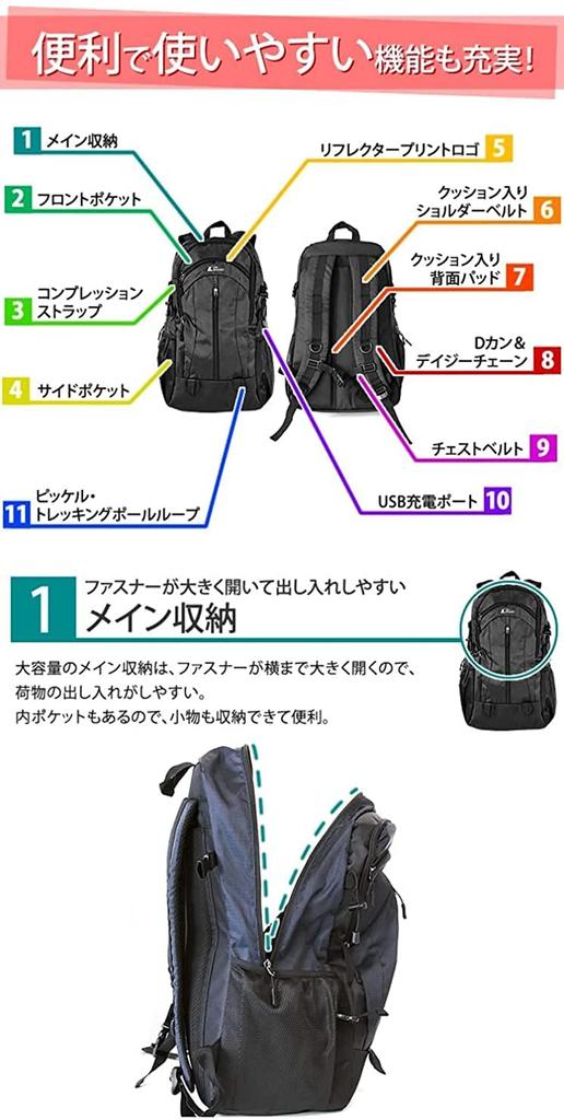 [LAD WEATHER] Backpack for Men and Women, Water-repellent and Stain-resistant, for Commuting, School, Hiking, and with USB Charging Port (Black)