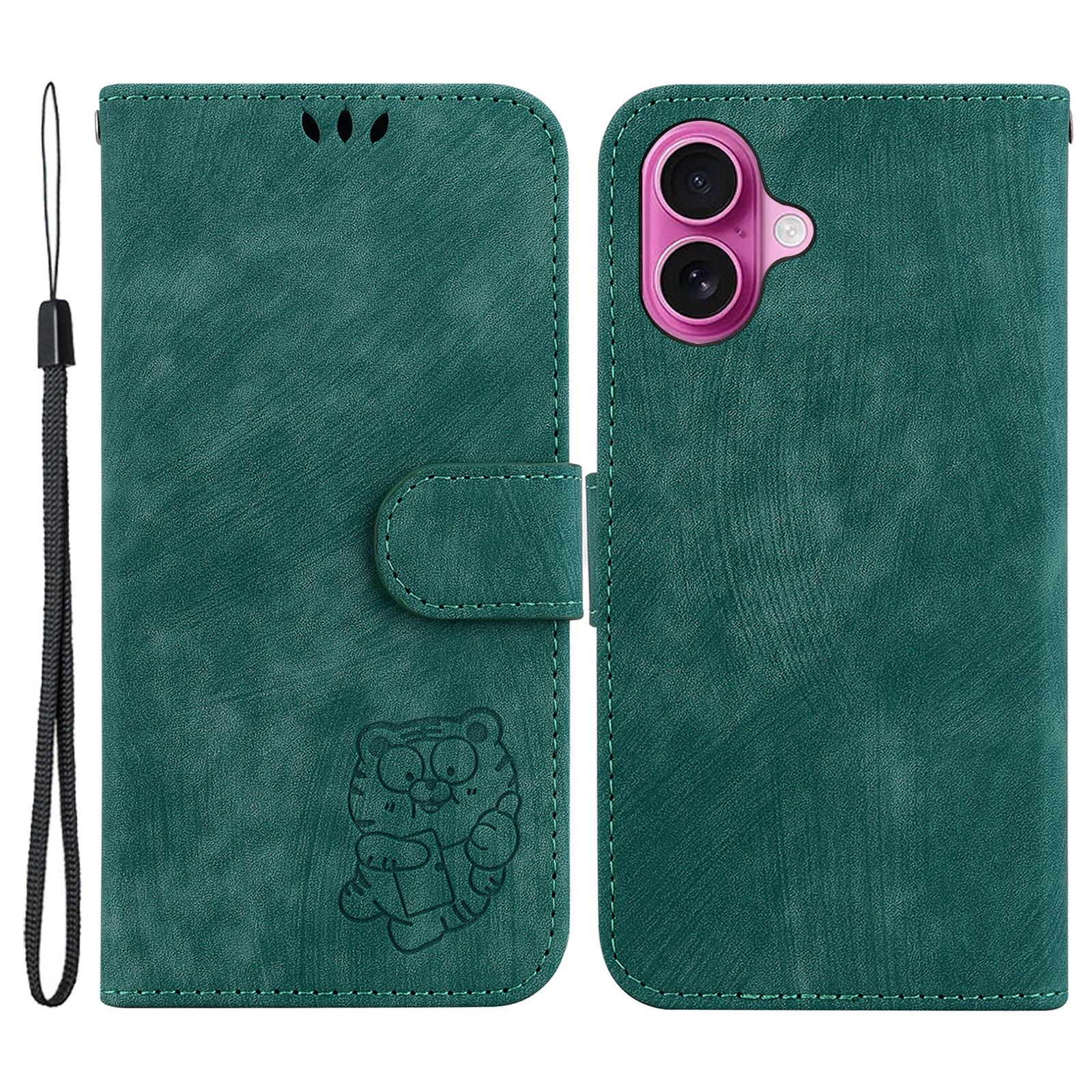 

For iPhone 16 Plus Stand Case Cute Tiger Imprint Leather Wallet Phone Cover Green