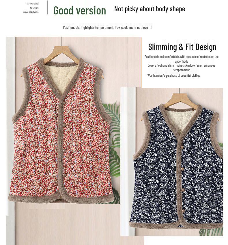 Mom's Floral Fleece-Lined Vest: Small, Cotton Sleeveless Jacket for Autumn/Winter Warmth, Princess Style