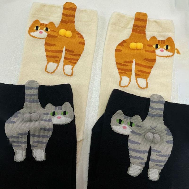 2 Pairs Cartoon Cute Cat Balls Cotton Socks Kawaii Lolita Knitting Socks Women Girls Middle Tube Sleep Sock Cat Print Floor Sock