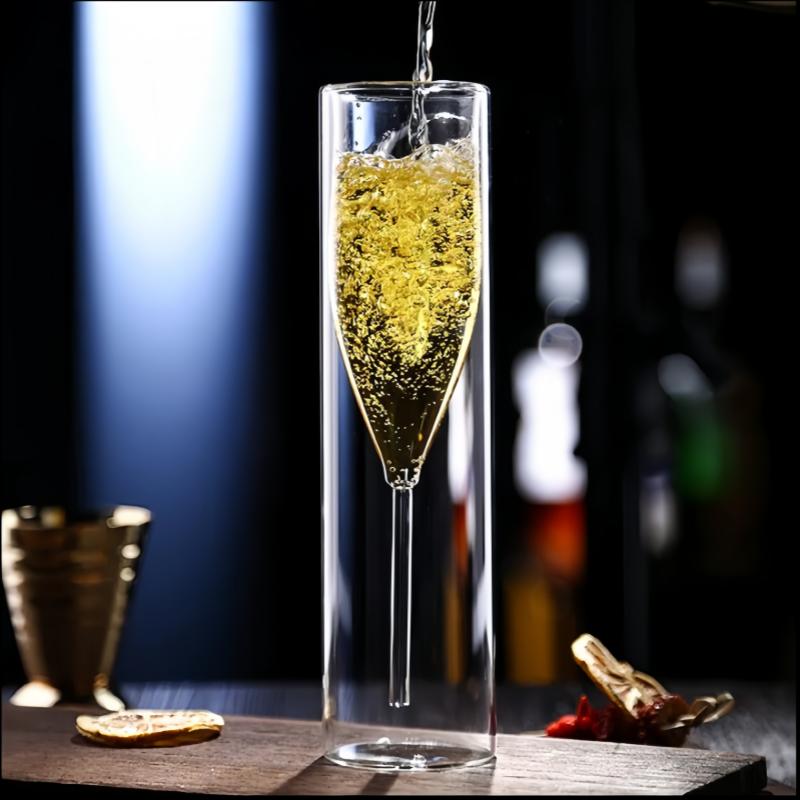 Double Wall Champagne Glasses - Elegant Crystal-Design Tulip & Flute Cups for Weddings, Cocktails & Toast, Shatter-Resistant