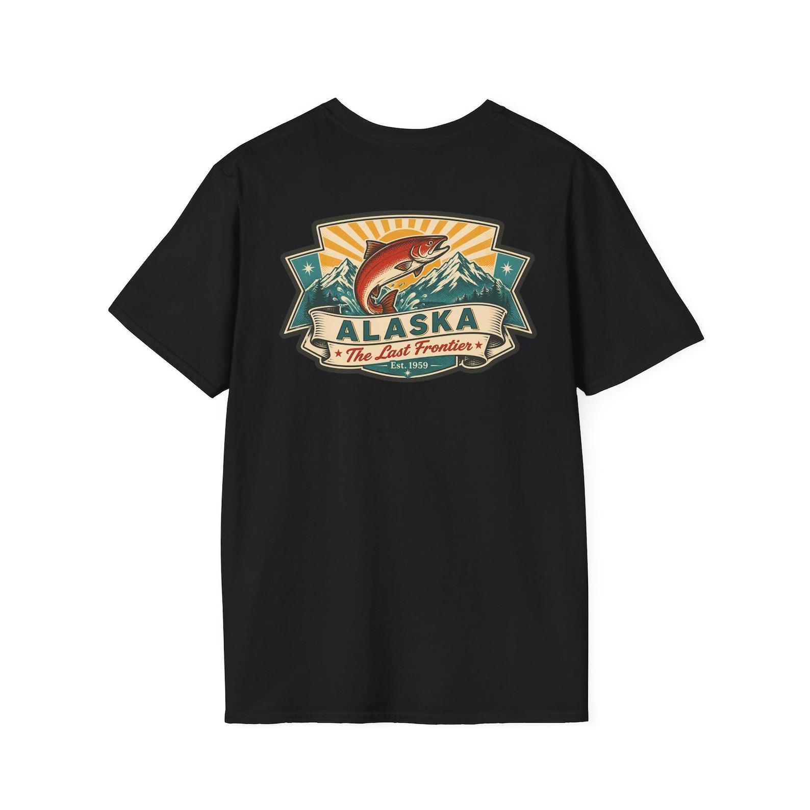 Alaska Retro Travel Badge T-Shirt | Vintage Mid-Century Salmon Fishing Tee | AK Last Frontier Souvenir Gift 4XL