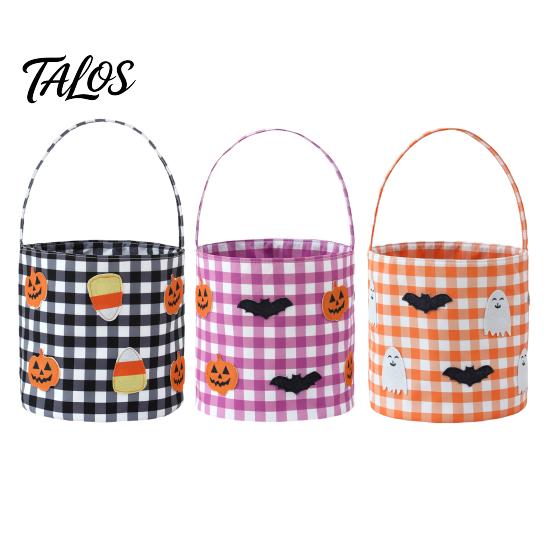 Autumn Theme Decor Halloween Bucket, Trick or Treat Basket for Kids Boys Girls, Plaid Pumpkin Goodie Bags Bat Ghost Candy Tote Bag with Handle