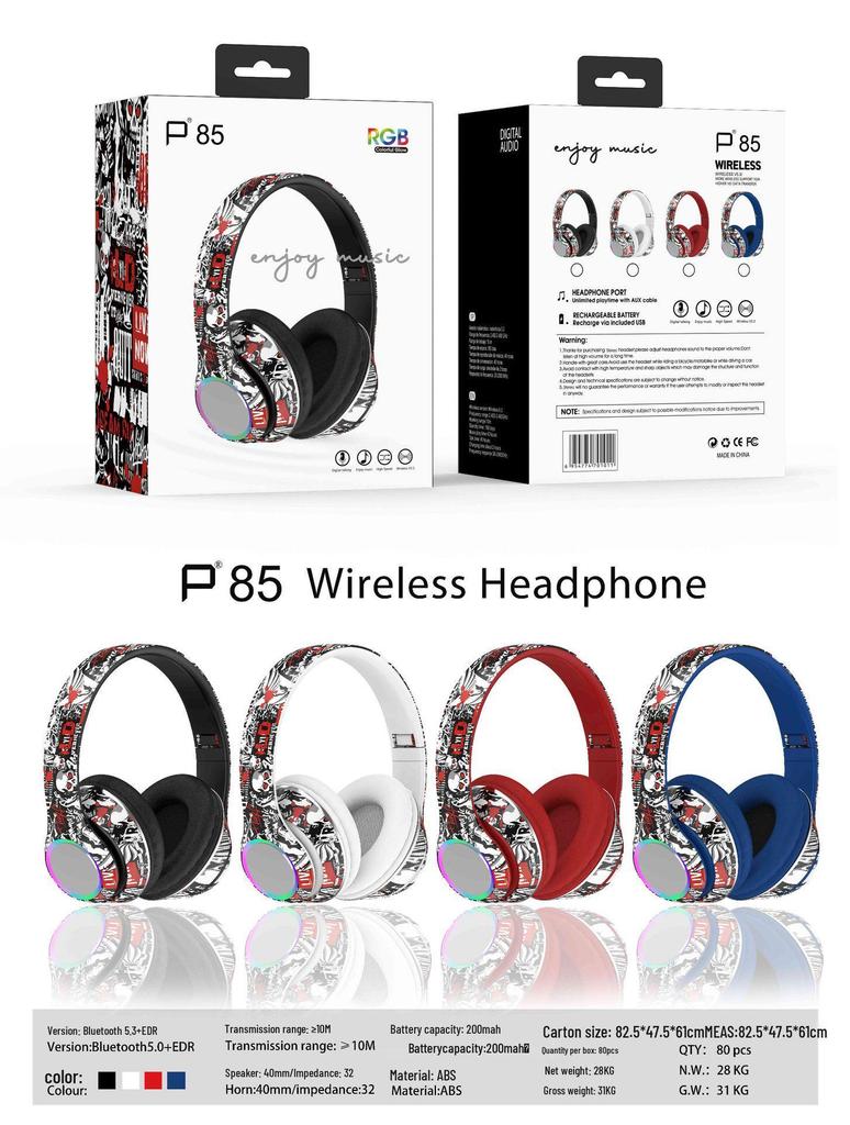 Graffiti Wireless Over-Ear Headphones with Heavy Bass - Bluetooth 5.4 Universal Headset for Music and Mobile Devices.