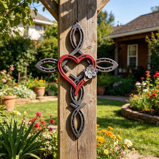 DYS Metal Horseshoe Heart Wall Cross Decor, Hanging Art, Decorative Cross, Rustic Spiritual Art Sculpture for Farmhouse Garden Yard Patio Fence