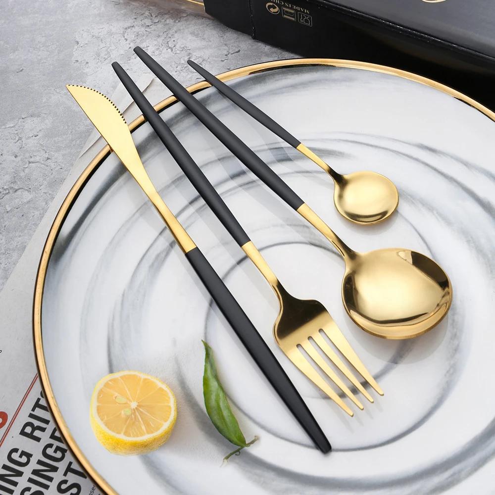 30Pcs Gold Thin Cutlery Stainless Steel Tableware Western Dinner Set Solid Color Knife Fork Spoon Mirror Kitchen Utensils