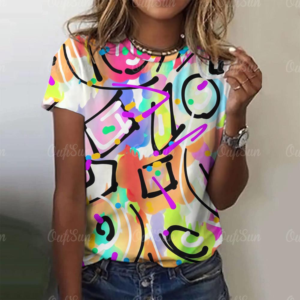 

Round-neck women s T-shirt, 3d color printed short-sleeved sweatshirt, love pattern clothing XS