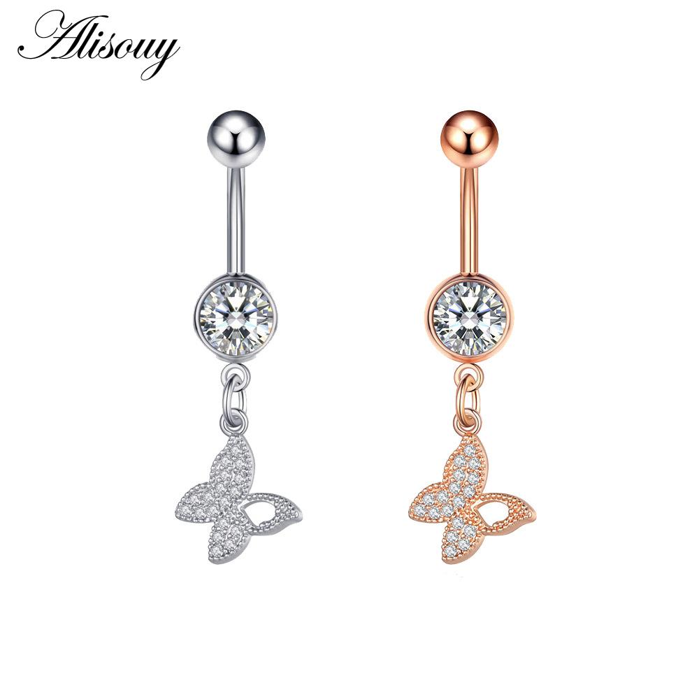 Alisouy 1pc Zircon Sexy Long Belly Ring Star Sun Moon Heart Navel Piercing Surgical Steel Women Belly Button Ring Navel Jewelry