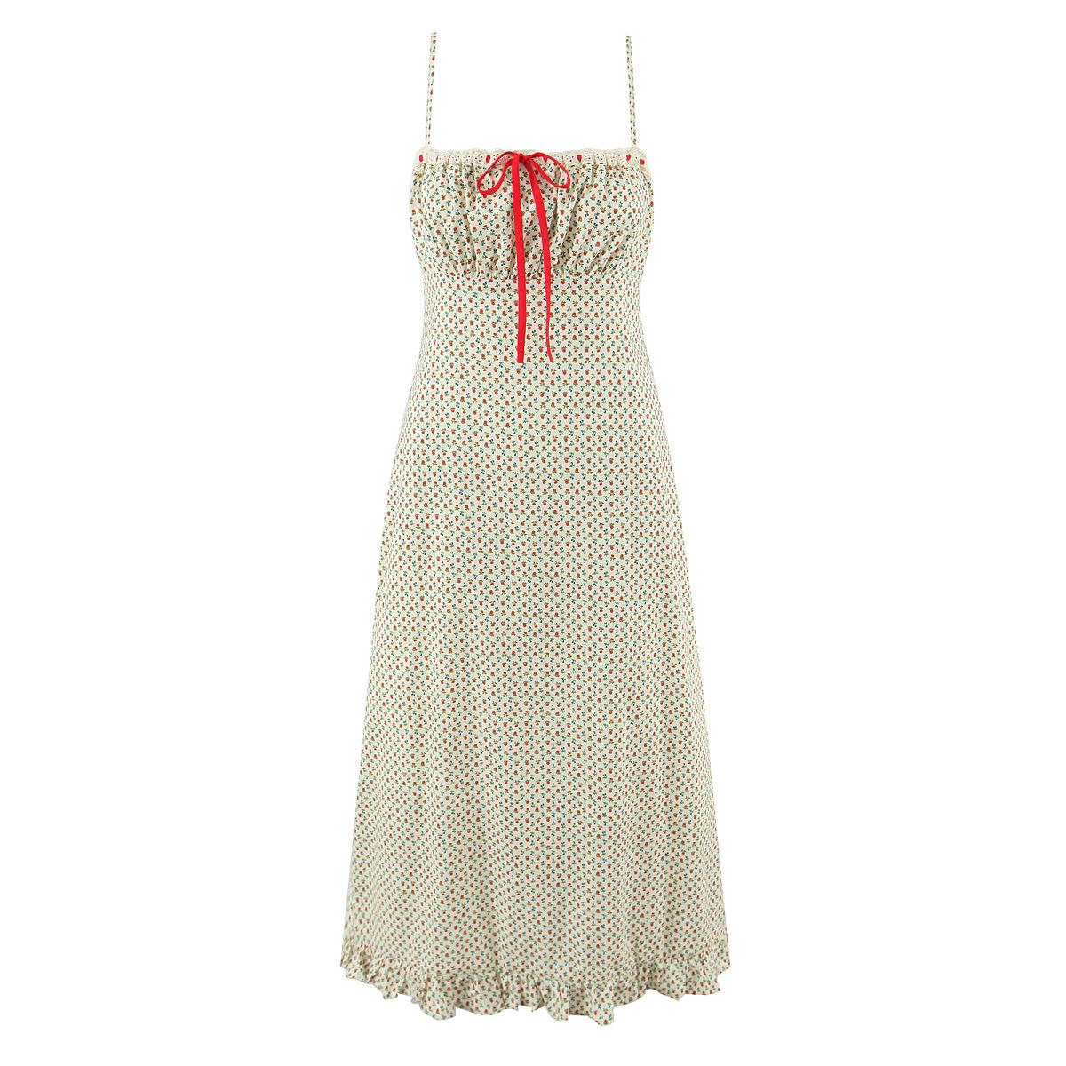 2026 Spring Beige Floral Print Camisole Dress - European & American Style, Mid-Length Small