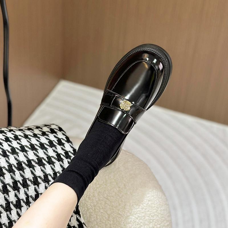 In Stock: Women's Patent Leather Camellia Small Gold Buckle Thick Sole Loafers, Non-Slip.