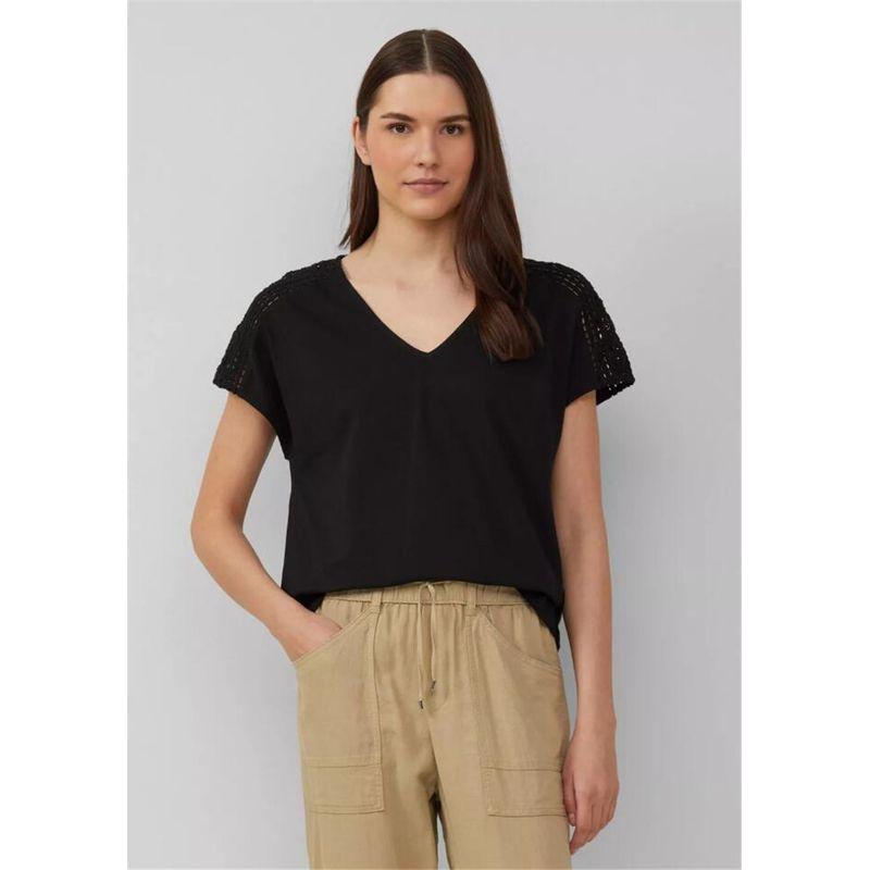 European and American Foreign Trade Original Order Tail Goods German So Cotton Crochet Hollow V-neck Summer Women's Short Sleeve T-shirt Solid Simple