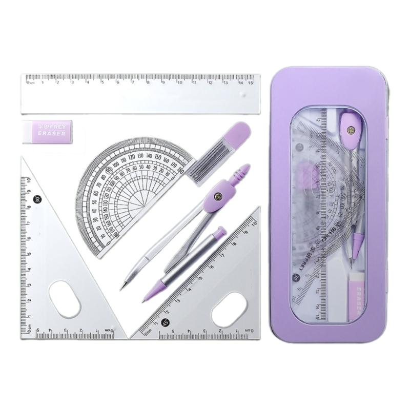 

7Pcs Professional Mathematical Geometry Tool Set Student Geometry Math Set with Compass, Set Square, Eraser, Protractor фиолетовый