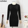 VONDA Women Fashion Solid Color Splicing V-Neck Long Sleeve Dresses