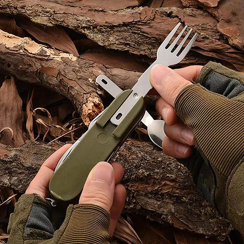 7-In-1Stainless Steel Multifunctional Tableware Set For Outdoor Activities Camping Cutlery Folding Knife Fork Spoon Outdoor Tool