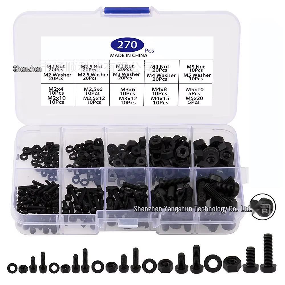 

270-Piece Black Nylon Phillips Pan Head Bolt, Screw, Nut & Washer Set (M2-M5) in Box