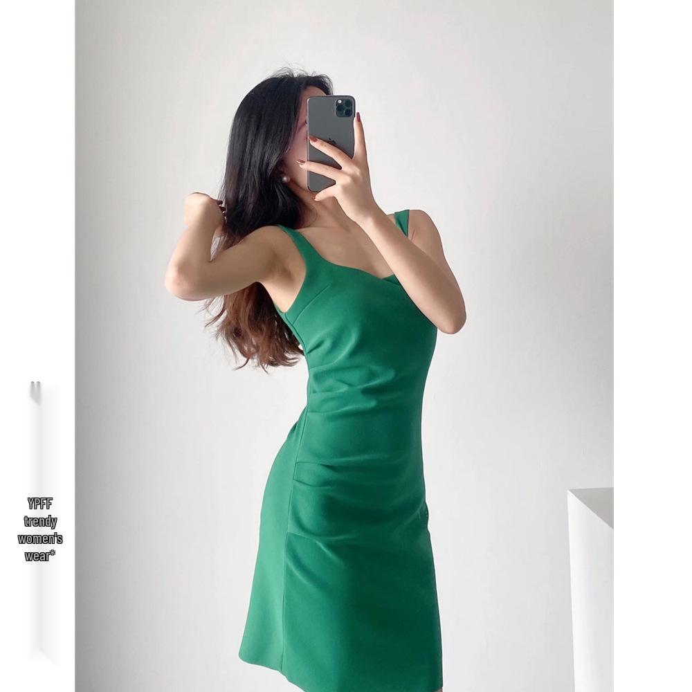 Women's Solid Color Square Neck Sleeveless Pleated Bodycon Summer Dress