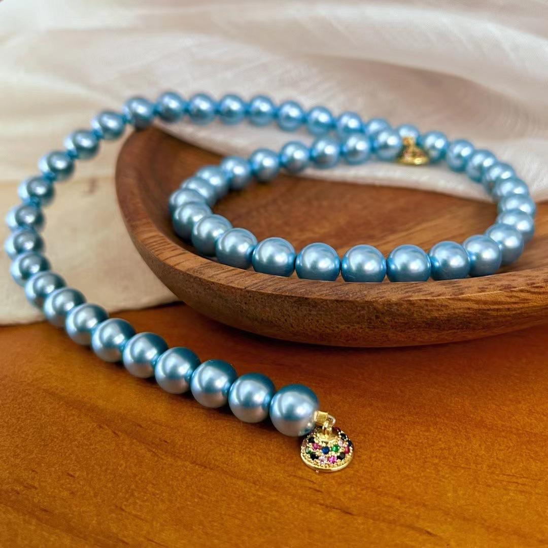Vintage Blue Enchantress Shijia Diamond Ball Buckle Pearl Necklace Blue Clavicle Chain Female