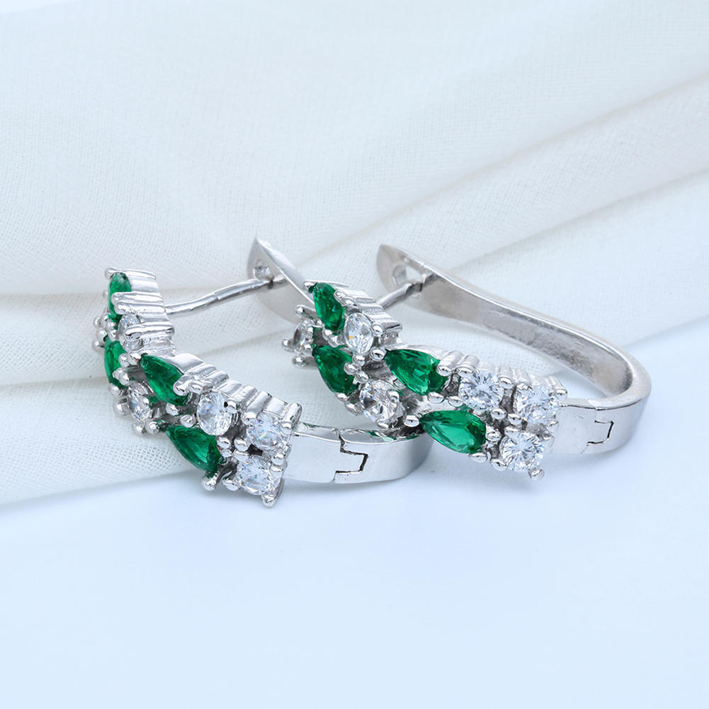 Women's Fashion Jewelry Silver Color Charm Green Crystal Stud Hoop Earrings Drop Earrings