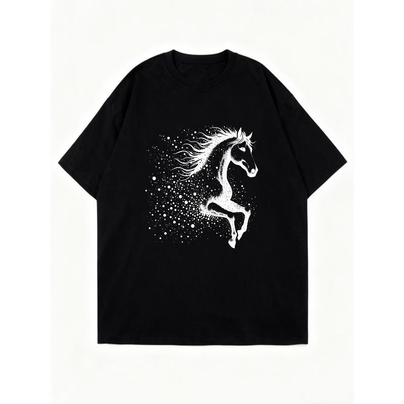 Oversized T Shirt Dress Black Horse Starry Print Casual Wear For Women