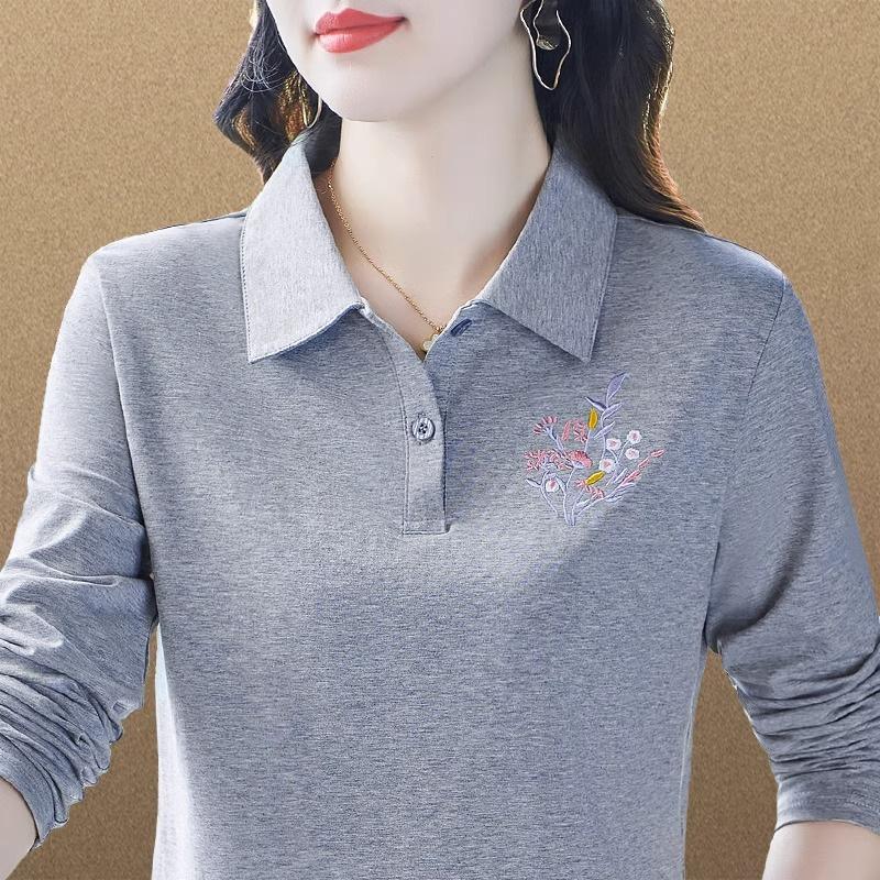 Altersreduzierendes Mutter-Poloshirt Bestickt Langärmlig Damen Herbst Neu T-Shirt Temperament Vielseitig Lässig Vielseitiges Oberteil