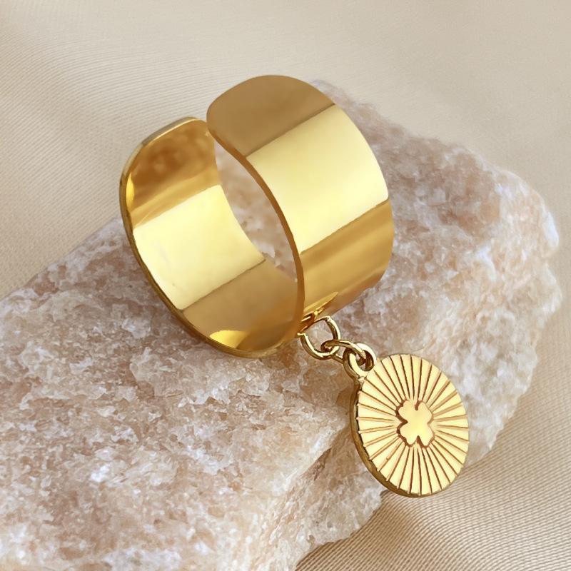 Gold Color Stainless Steel Rings for Women Men Personality Feather Starfish Cross Open Pendant Rings Party Jewelry Accessories
