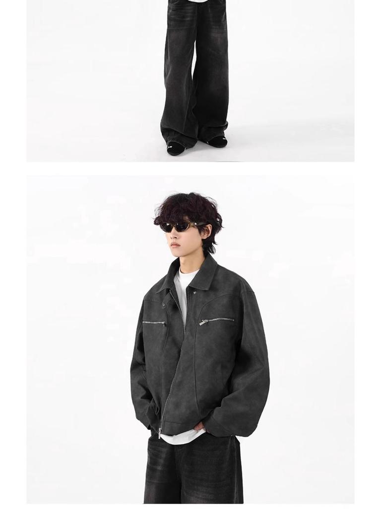 Men's Vintage Washed PU Leather Motorcycle Jacket - Loose Fit, High-End Vibe, Spring/Autumn