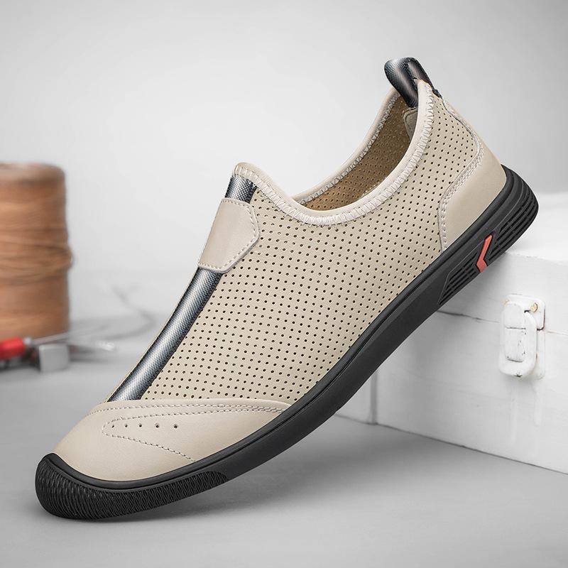 Men's Shoes 2025 Summer New Men's Thin Punching Breathable Hollow Leather Shoes Black One-pedal Lazy Casual Shoes