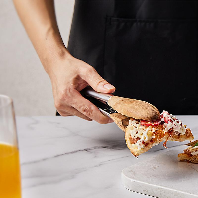 Kitchen Tongs Barbecue Tongs Olive Wood Stainless Steel Cooking Tongs & Salad Tongs for Serving Food Grilling Cooking BBQ and