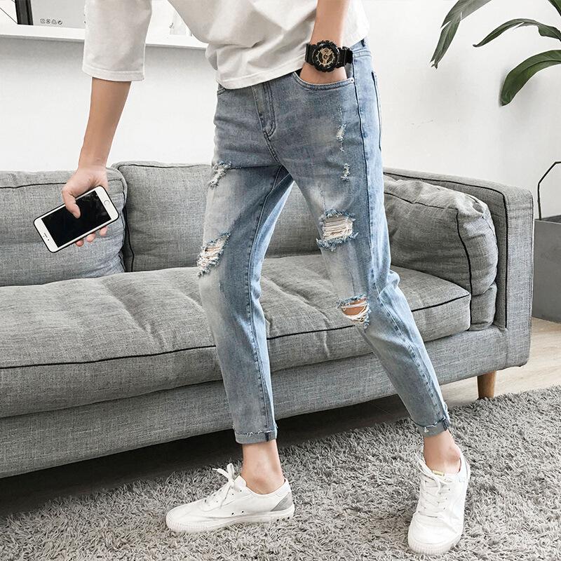 Men's Skinny Loose Ripped Jeans - Korean Style Trendy Beggar Pants, Slim Fit, 9-Point Length, Spring/Summer Collection