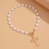 Hip Hop Personality Cross Ot Buckle Necklace, Baroque Alien Pearl Beaded Collarbone Chain