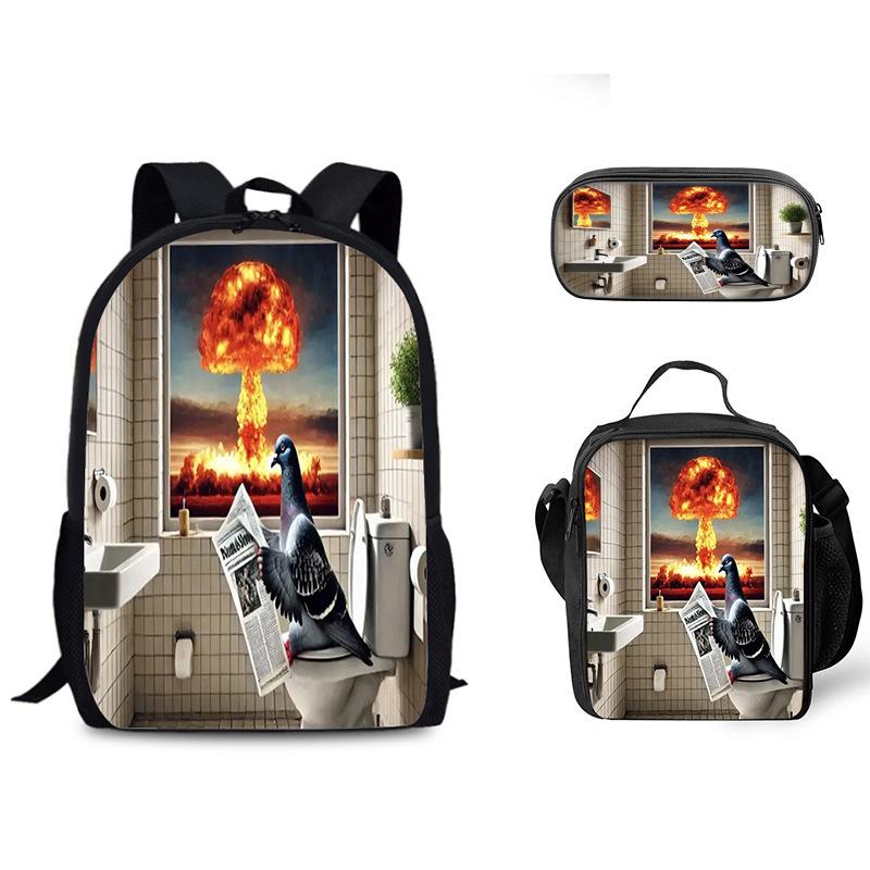 Luxus Beliebt Lustig Neuheit Taube auf Toilette 3D Druck 3Stück/Set Schüler Schultaschen Laptop Tagesrucksack Rucksack Lunchtasche Federmäppchen