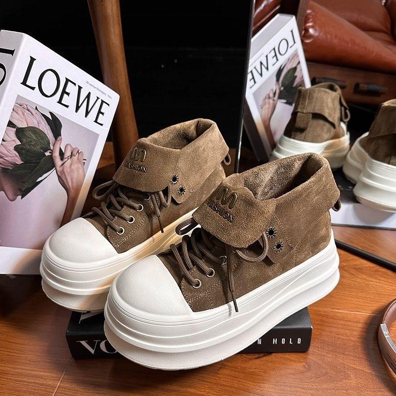 New Matte Lapel Two Wear Lace-up Thick-soled Muffin Niche Board Shoes Women's Casual High-top Shoes Women's Shoes