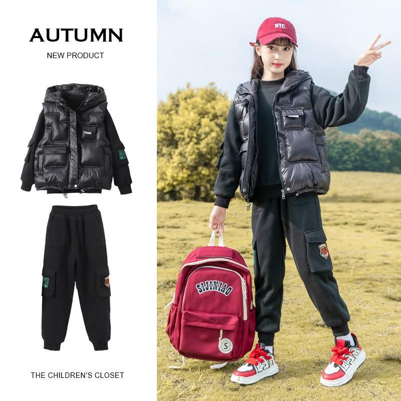 Girls Winter 3-Piece Set Korean Style Padded Vest Thick Fleece Lined Outfit Kids