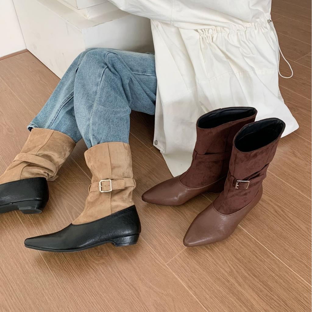 2025 Autumn and Winter New Pointed Head Color Matching Medium Tube Belt Buckle Thick Medium Heel Thin Fashion Martin Women's Boots