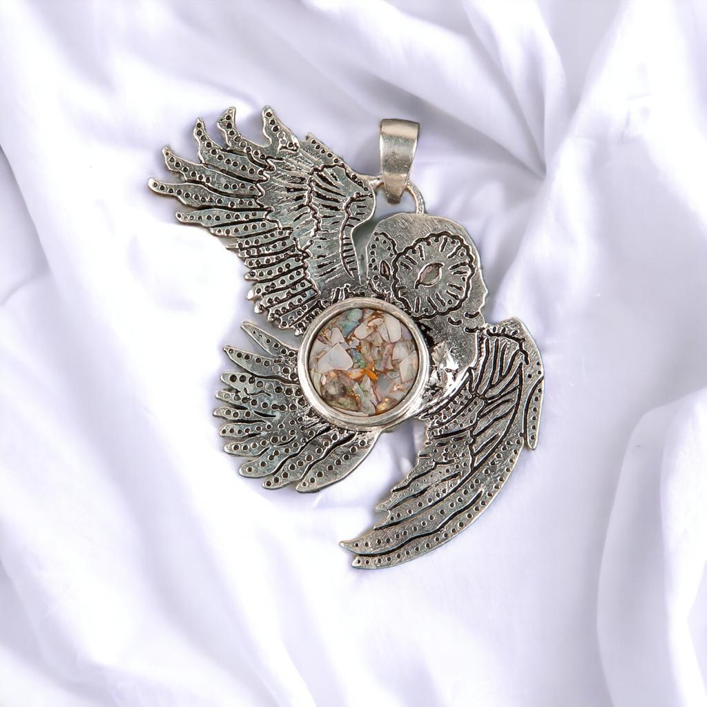 925 Sterling Silver Multi Gemstone Owl Designer Good Luck Jewelry Pendant 1.3" CP-16