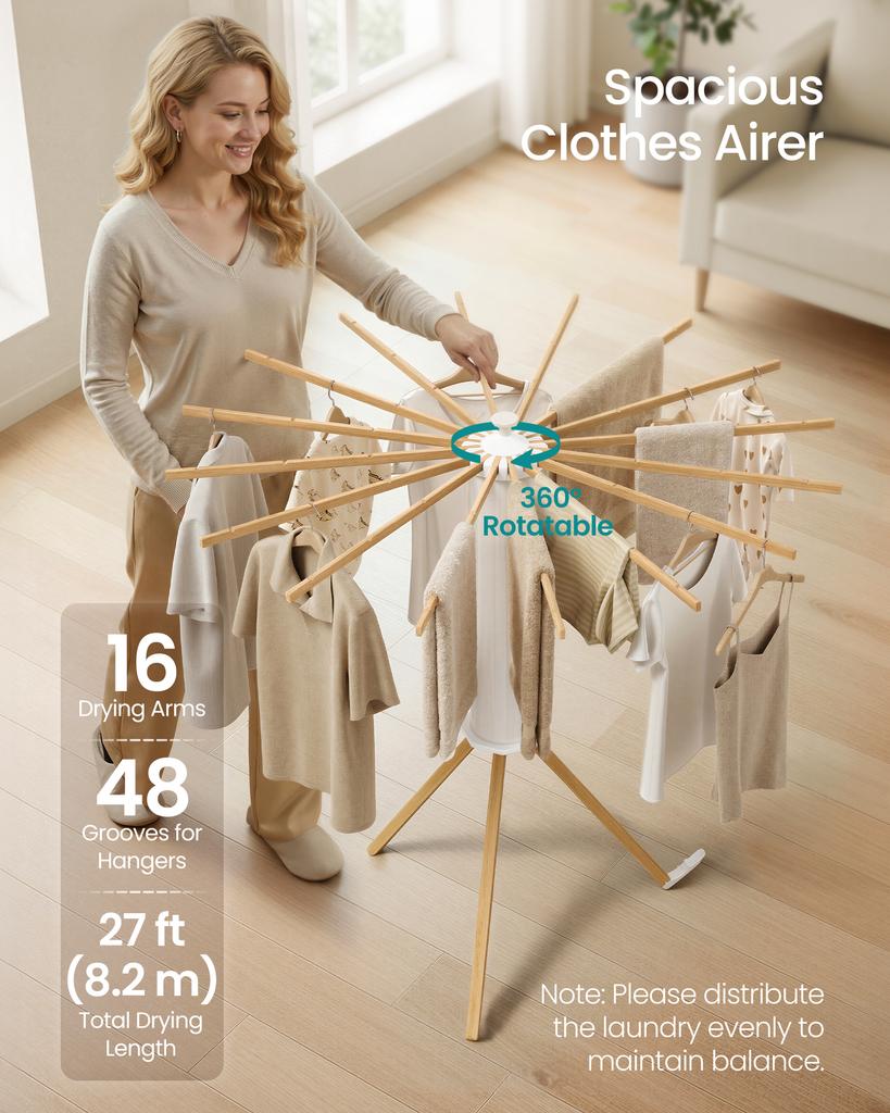 SONGMICS Clothes Drying Rack, Rotary Foldable Clothes Airer, Portable Laundry Drying Stand, Space-Saving, Rotatable, Freestanding
