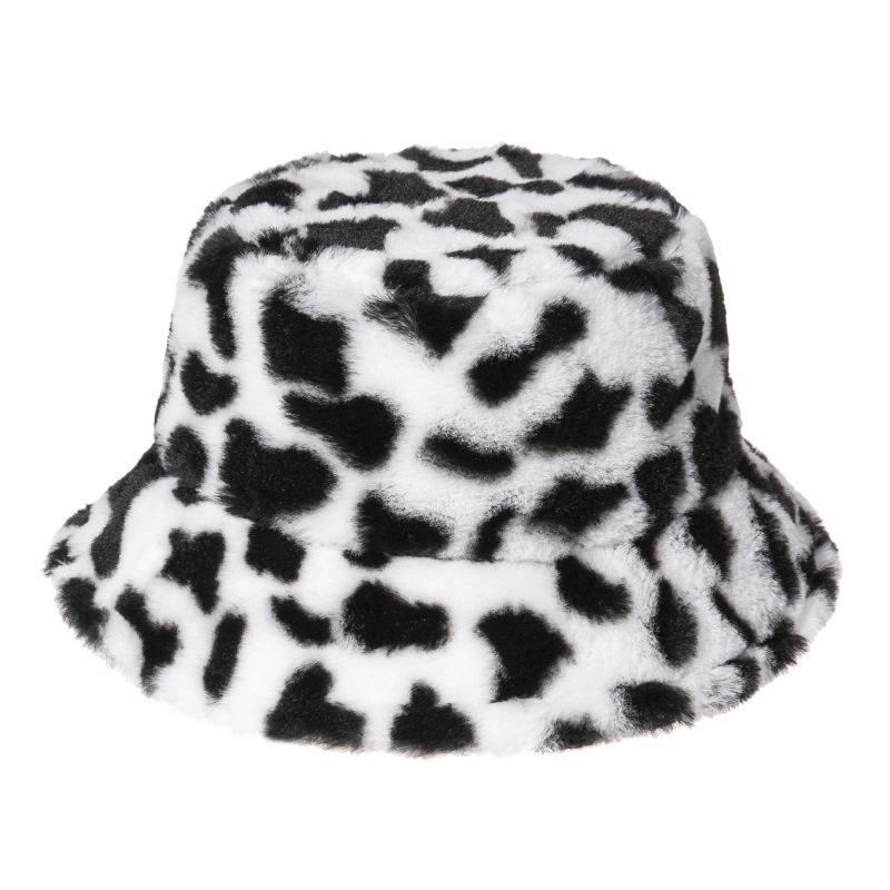 Chi Internet Celebrity Black and White Cow Pattern Bucket Hat Autumn and Winter Plush Warm Shopping Versatile Ins Basin Hat