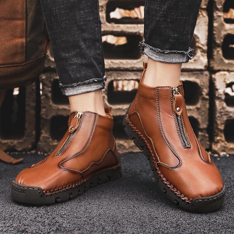 Fashion Spring Autumn Winter Handmade Leather Boots Comfort Fur Casual Shoes Ankle Boots for Man Autumn Boot Zipper Design Driving Shoes