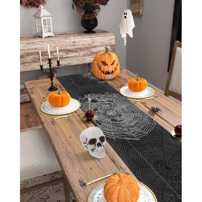 Halloween Linen Table Runner,Spiders Spiderweb Texture Dresser Scarf Kitchen Dinning Tabletop Covers Decor for Indoor Outdoor Party Holiday Wedding