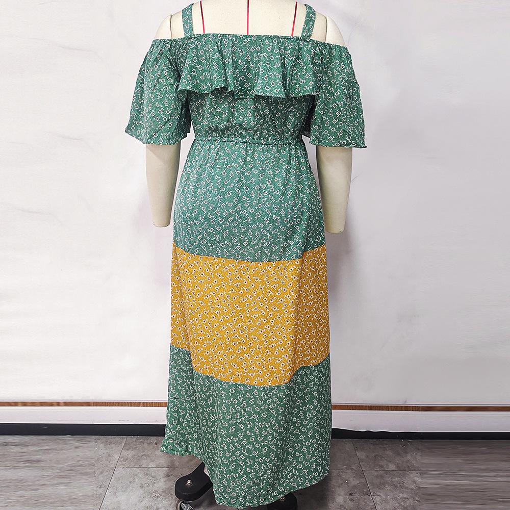 Plus Size Women Spring Summer Sling Ruffled Contrast Color Loose Floral Long Dress XL-4XL