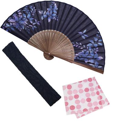 Stylish Business Fan Set with Fan Case and Handkerchief Bloom Leaf Design [Osaka Choseido] Women's -